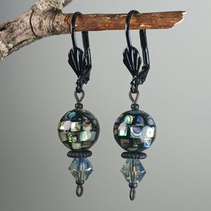 HAND CRAFTED EARRINGS Abalone Black Blue Crystal Dangle Drop
